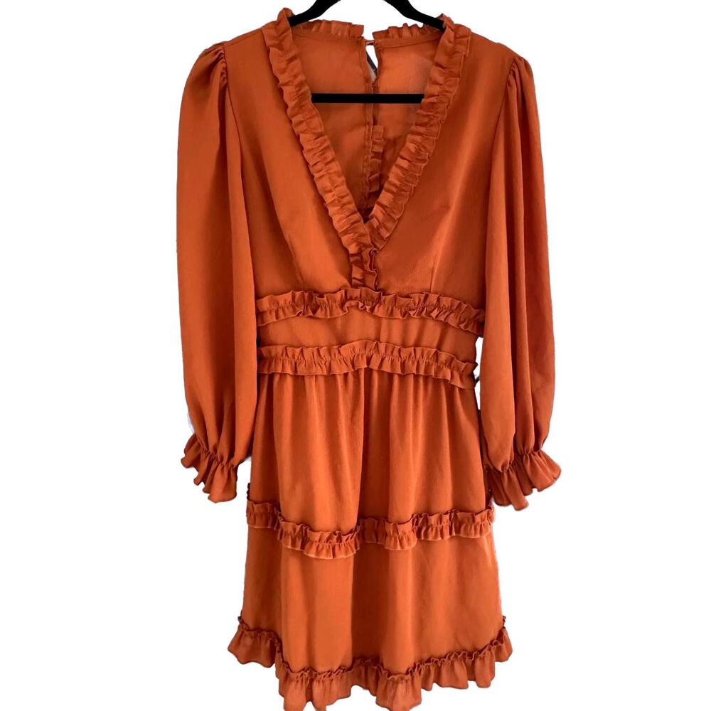 Chic Women's Rust Ruffled Crepe Open Back Long sleeve Mini Dress - Medium
